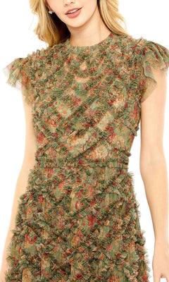 Woman wearing the Knee Length Wedding Guest Dress 8009 by Mac Duggal, a textured, ruffled cap sleeve midi dress with a green, brown, and red floral pattern. Only her upper body is shown; her face is partially visible.