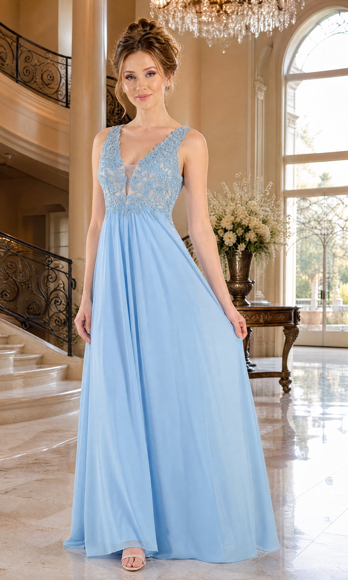 A woman stands indoors on a marble floor near a staircase and large window, wearing the Sleeveless V-Neck Chiffon Long Prom Dress 8012 in ice blue.