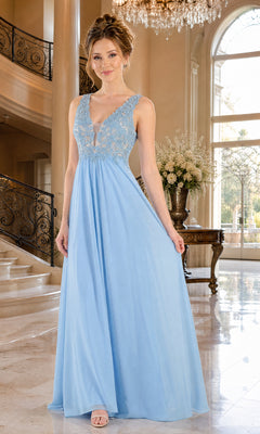 A woman stands indoors on a marble floor near a staircase and large window, wearing the Sleeveless V-Neck Chiffon Long Prom Dress 8012 in ice blue.