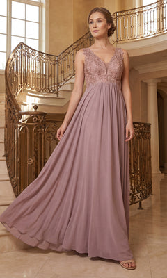 A woman in a mauve Sleeveless V-Neck Chiffon Long Prom Dress 8012 with a lace bodice and flowing skirt stands on a marble staircase with ornate railings in a bright, elegant interior.