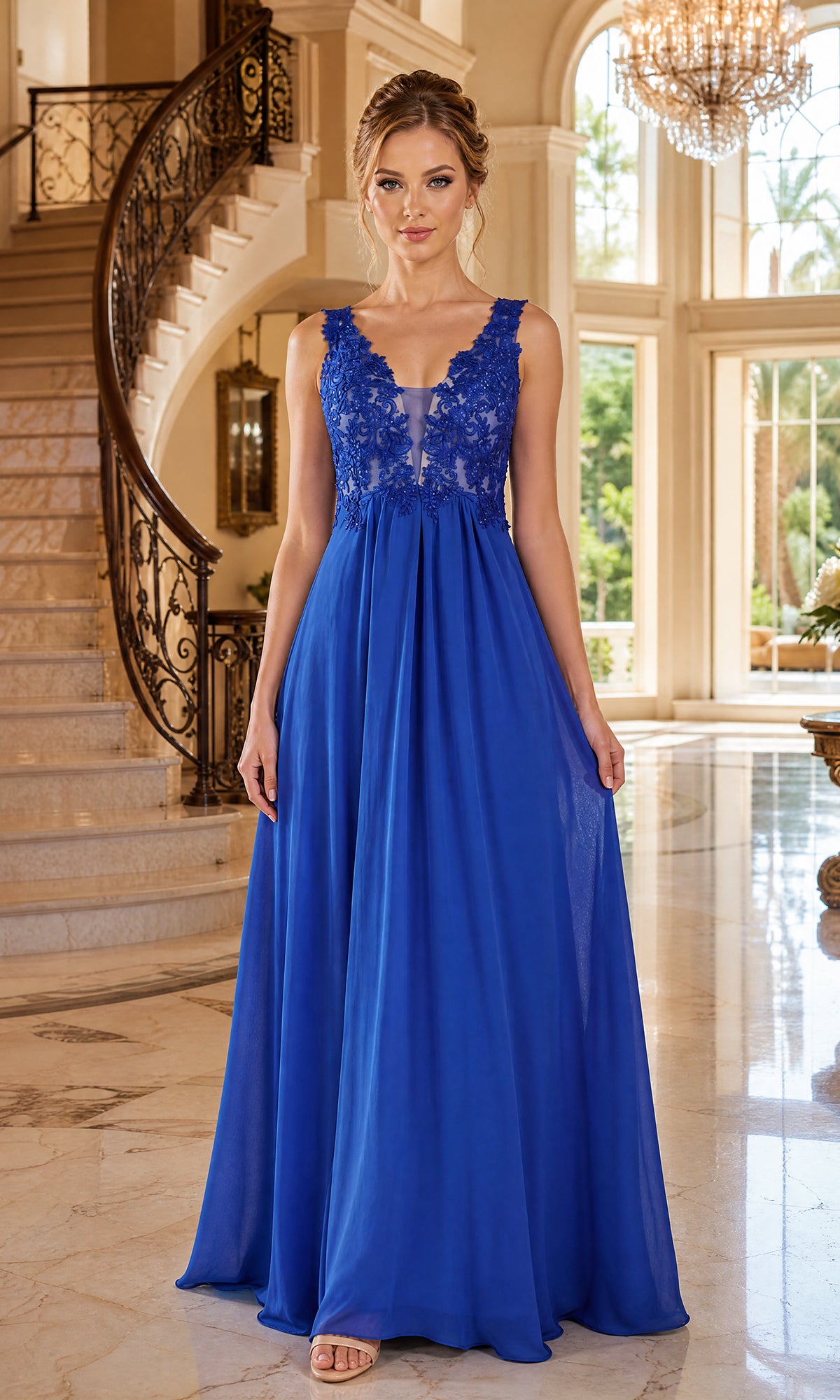 A woman stands indoors wearing the Sleeveless V-Neck Chiffon Long Prom Dress 8012 in royal, featuring a floor-length design and lace bodice detailing, in front of a staircase and large windows.