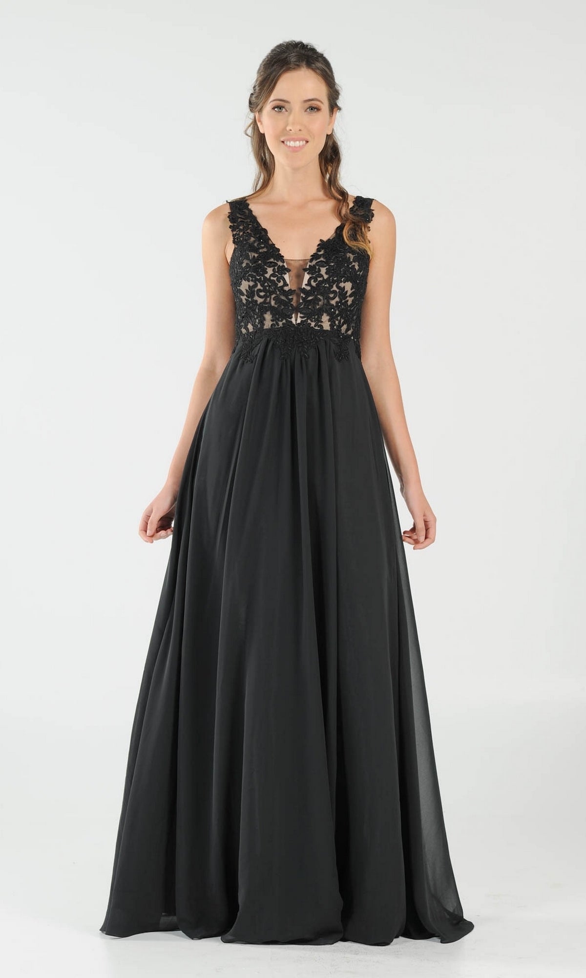 A woman stands against a plain white background wearing the Sleeveless V-Neck Chiffon Long Prom Dress 8012, featuring a lace bodice and a flowing black A-line skirt.
