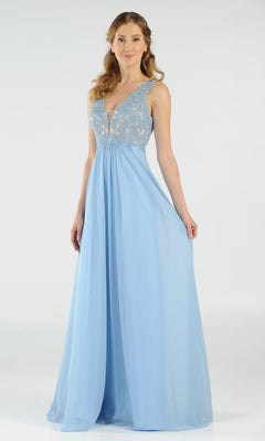 A woman in the Sleeveless V-Neck Chiffon Long Prom Dress 8012, featuring a lace bodice and floor-length skirt, stands against a plain white background.