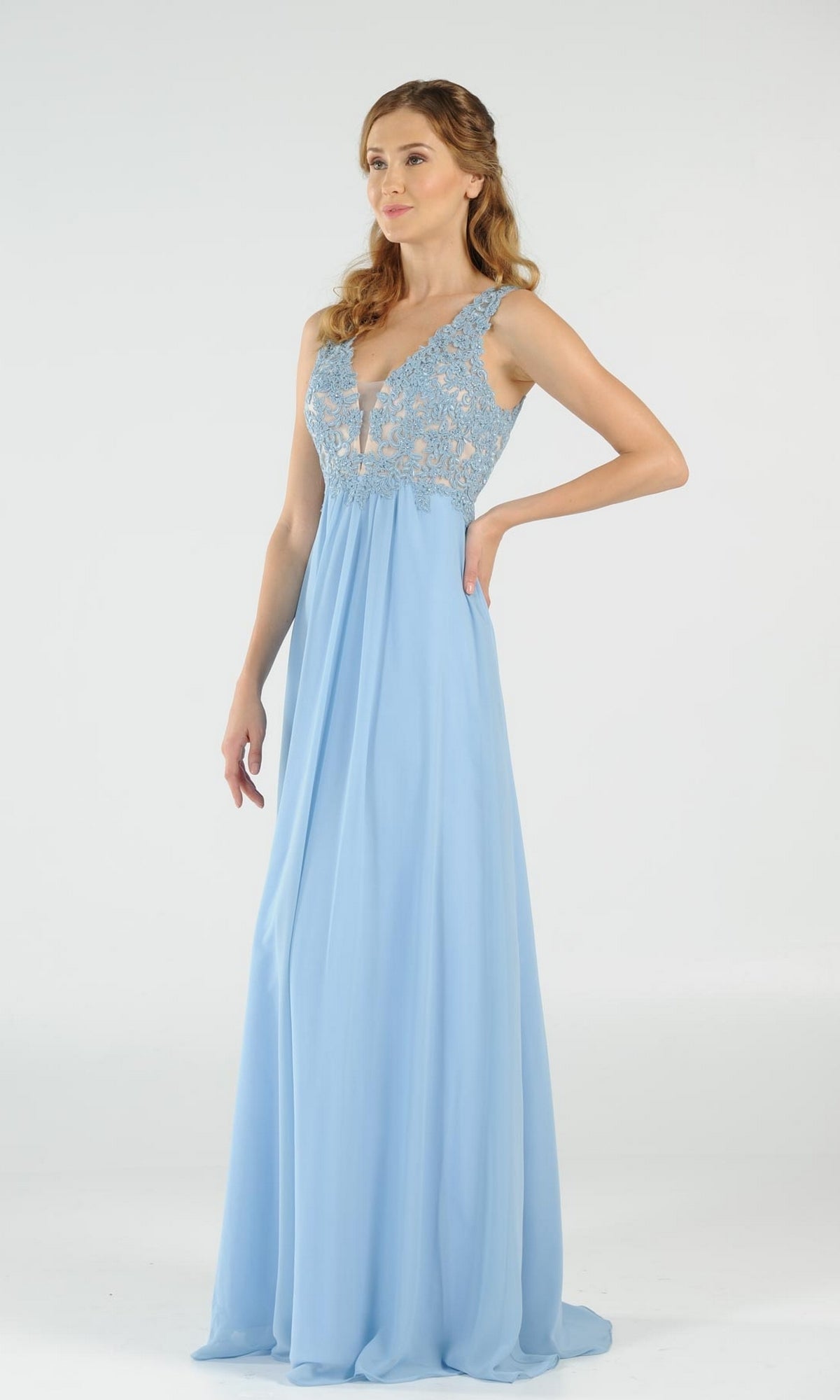 A woman wearing the Sleeveless V-Neck Chiffon Long Prom Dress 8012 in ice blue stands against a plain white background.
