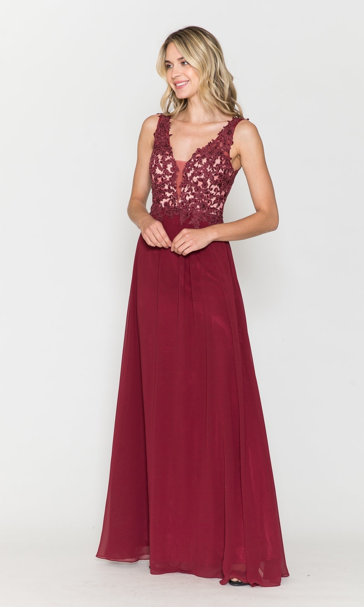 A woman models the Sleeveless V-Neck Chiffon Long Prom Dress 8012 in burgundy, featuring a sheer floral lace bodice, against a plain white background.