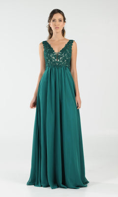 A woman wears the Sleeveless V-Neck Chiffon Long Prom Dress 8012, an emerald green, floor-length gown with a lace bodice and wide straps, standing against a plain white background.