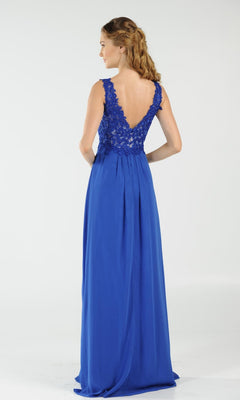 A woman in the Sleeveless V-Neck Chiffon Long Prom Dress 8012—a floor-length royal blue gown with lace bodice detailing—stands with her back to the camera.
