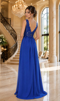 A woman wears the Sleeveless V-Neck Chiffon Long Prom Dress 8012 in blue, featuring lace details, as she stands in a grand room with marble floors, arched windows, and a sweeping staircase.