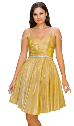 A woman stands against a white background wearing the Beaded Cold-Shoulder Short Homecoming Dress 8014J, featuring a gold shimmer, V-neckline, off-shoulder beaded straps, and a jeweled waist belt.