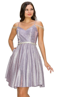 A woman stylishly poses in the Beaded Cold-Shoulder Short Homecoming Dress 8014J, a knee-length lavender semi-formal dress featuring thin straps, a jeweled waistline, and beaded shoulder accents.