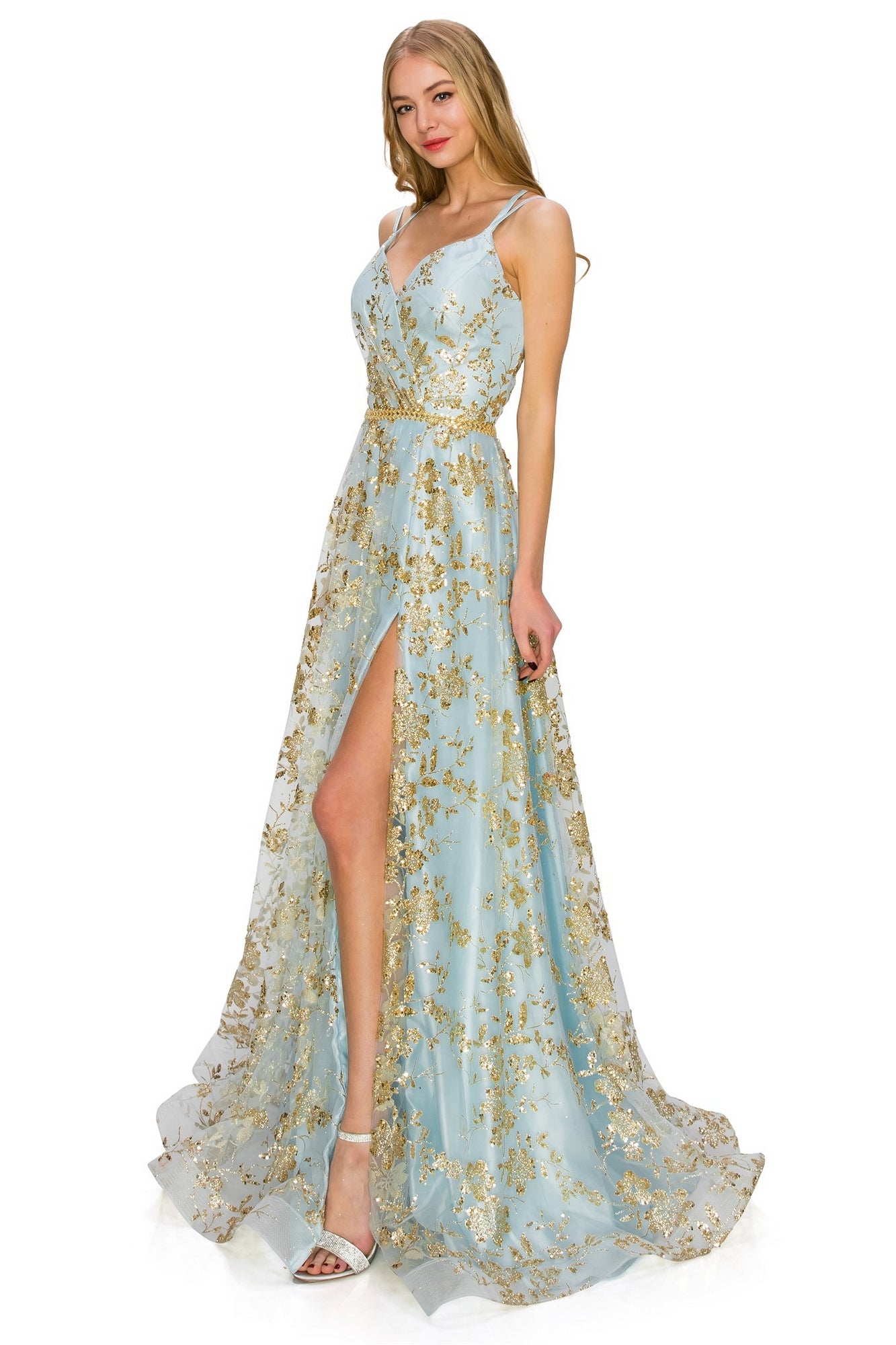Long A-Line Prom Dress with Glitter Flowers
