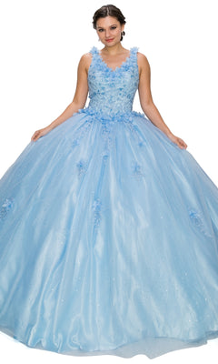 A woman wears the Quinceanera Ball Gown 8025J, a light blue dress with a fitted floral bodice and voluminous glitter tulle skirt, standing against a white background.