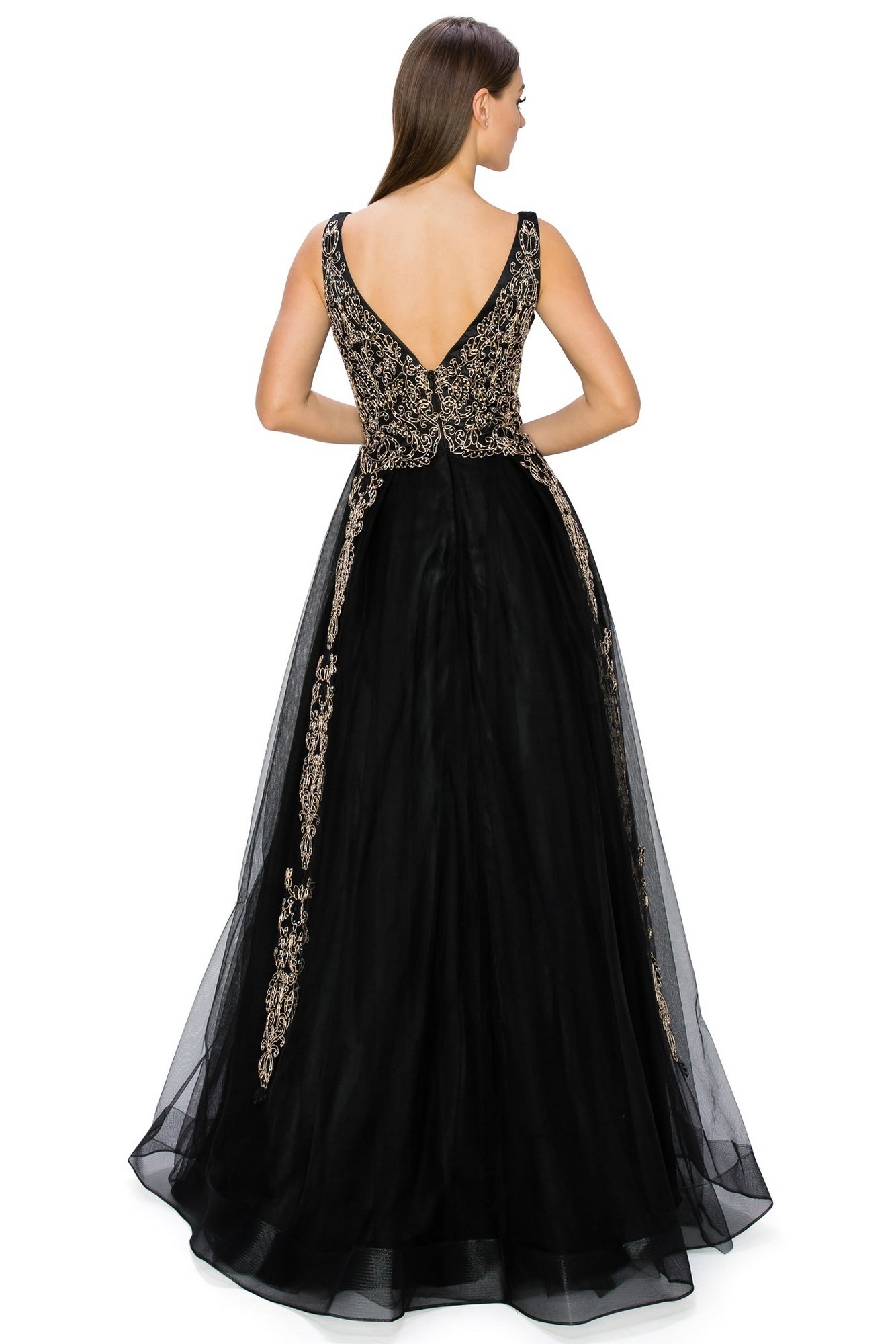 Woman wearing the A-Line Gold-Embroidered Long Prom Ball Gown 8029J—a sleeveless black dress with gold embroidery and a deep V-back—a stunning, affordable choice for special occasions.