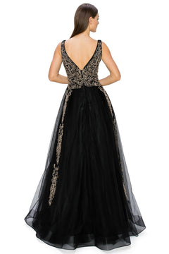 Gold-Embroidered Long A-Line Prom Ball Gown - PromGirl Black / XLarge