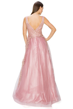 Woman wearing the A-Line Gold-Embroidered Long Prom Ball Gown 8029J—an elegant sleeveless dress with gold embroidery and an open back—stands gracefully with her back to the camera.