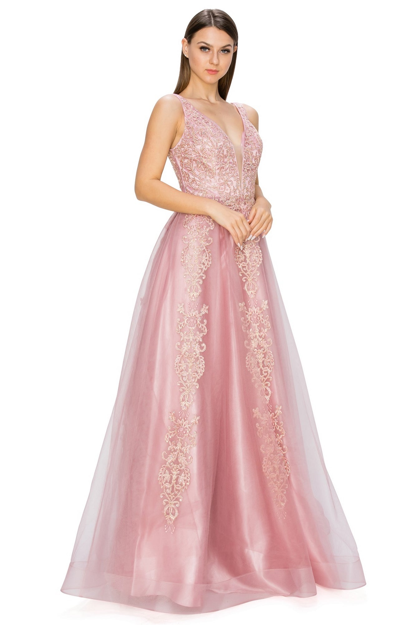 A woman stands wearing the A-Line Gold-Embroidered Long Prom Ball Gown 8029J—a sleeveless, floor-length dress featuring exquisite gold embroidery and a deep V-neckline.