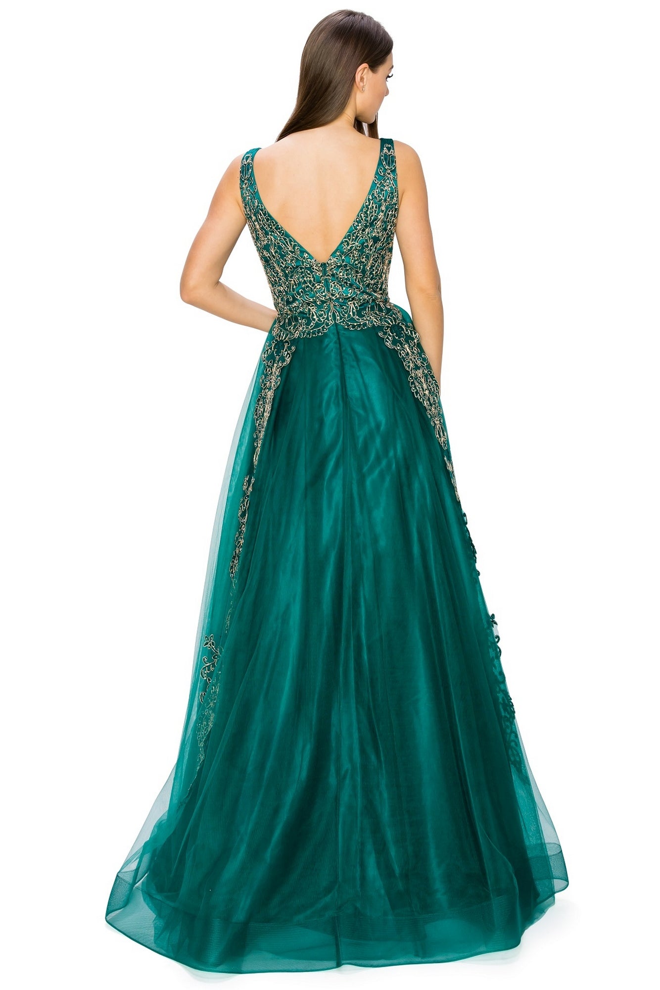 A woman showcases the A-Line Gold-Embroidered Long Prom Ball Gown 8029J in emerald green, featuring a deep V-back and intricate gold embroidery, as she stands with her back to the camera.