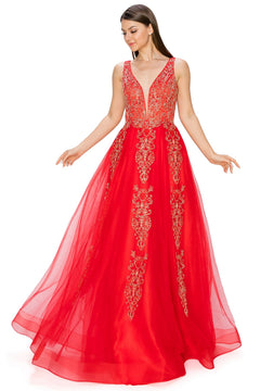 A woman poses gracefully in the A-Line Gold-Embroidered Long Prom Ball Gown 8029J, featuring a floor-length skirt and deep V-neckline, with her arms gently extended.