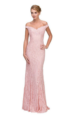 A woman models the Long Prom Dress: Eureka 8030 in dusty pink, featuring an off-the-shoulder, floor-length lace design, against a plain white background.