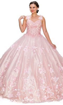 A woman stands against a white background wearing the Quinceanera Ball Gown 8030J, a pink dress with 3D floral embellishments and a sweetheart neckline.