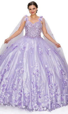 A woman wearing the Quinceanera Ball Gown 8030J in light purple with 3D floral embellishments holds out her skirt and smiles at the camera against a white background.
