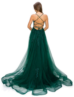A woman stands facing away, wearing the Floral-Embroidered Long Tulle Prom Dress 8031J in deep green, featuring a layered skirt, crisscrossed open back, and delicate floral embroidery.