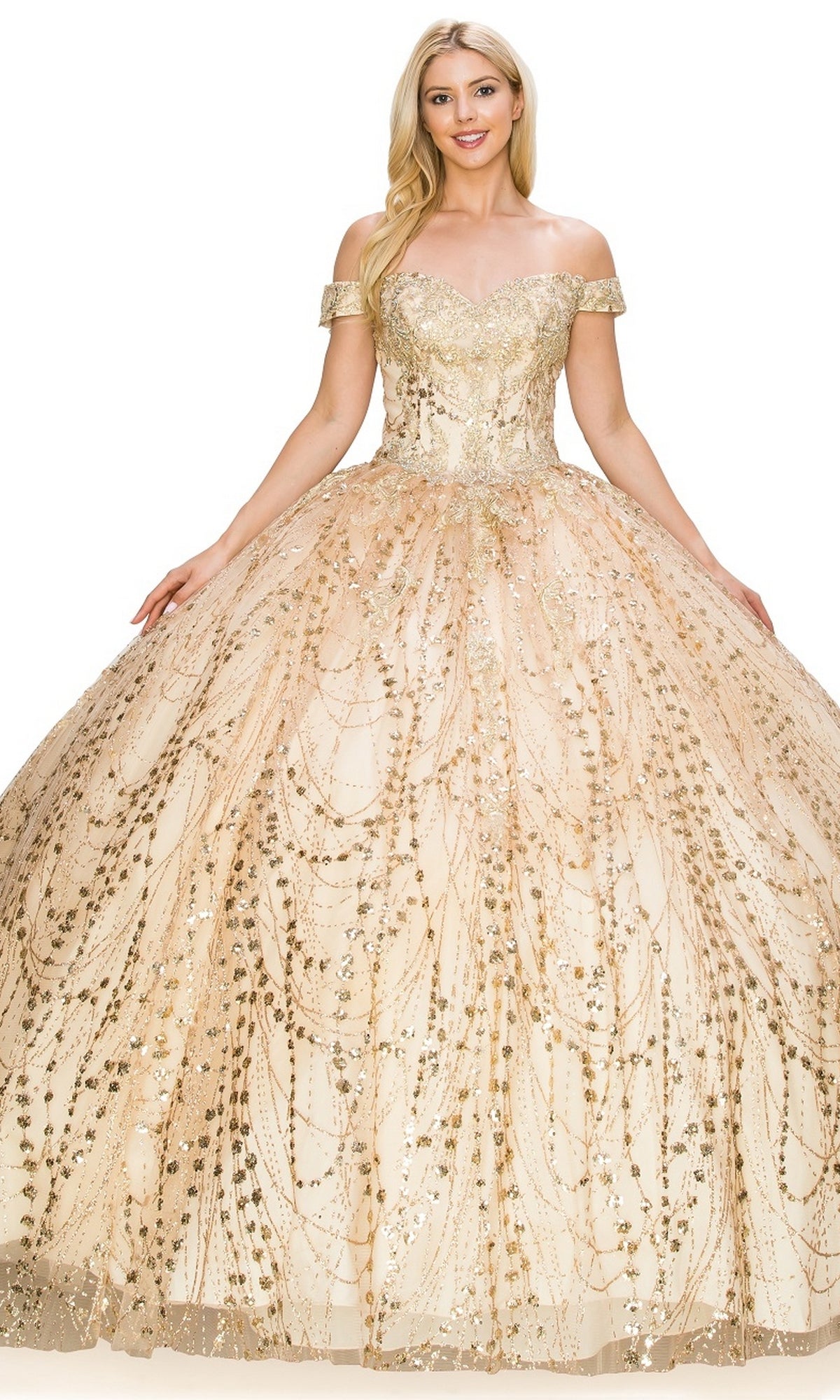 A woman wears the Quinceanera Ball Gown 8033J, showcasing an off-the-shoulder design with a gold embellished fitted bodice, full glitter ball gown skirt, and an elegant lace-up back.