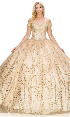 A woman wears the Quinceanera Ball Gown 8033J, showcasing an off-the-shoulder design with a gold embellished fitted bodice, full glitter ball gown skirt, and an elegant lace-up back.
