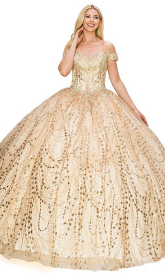Smiling woman in the Quinceanera Ball Gown 8033J—a gold glitter off-shoulder ball gown with a full skirt, shimmering patterns, and an elegant lace-up back.
