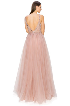 A woman stands with her back to the camera in the Long Tulle Prom Ball Gown with Sequins 8034J, a sleeveless, floor-length blush pink plus size dress featuring a deep V-back and elegant sequin embellishments.