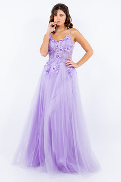 A woman poses against a white background in the Sheer-Bodice Long A-Line Prom Ball Gown 8038J, a sleeveless lavender dress with 3-D floral designs, delicate lace details, and a flowing tulle skirt for an elegant look.