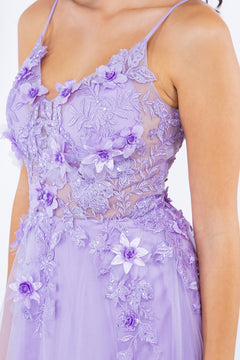 A close-up of a woman wearing the Sheer-Bodice Long A-Line Prom Ball Gown 8038J, featuring a sleeveless design, lavender hue, and embellished with floral lace embroidery and delicate 3-D floral details.