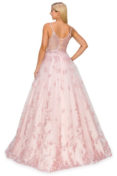 A woman with long blonde hair models the Corset-Back Long Glitter Prom Ball Gown 8039J, showcasing a light pink lace skirt, sheer back, lace-up detail, and elegant floral embroidery as she faces away in this dreamy look.
