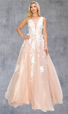 A woman is wearing the Long Formal Dress: Cinderella Couture 8040J, a sleeveless, floor-length blush pink ball gown embellished with stunning 3D floral lace appliques, as she stands against a gray textured background.