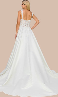 A woman is shown from the back against a plain beige background, wearing the Long Formal Dress: Cinderella Couture 8041J—a satin white gown with a lace corset bodice and a long, flowing train—an elegant choice for bridal celebrations.
