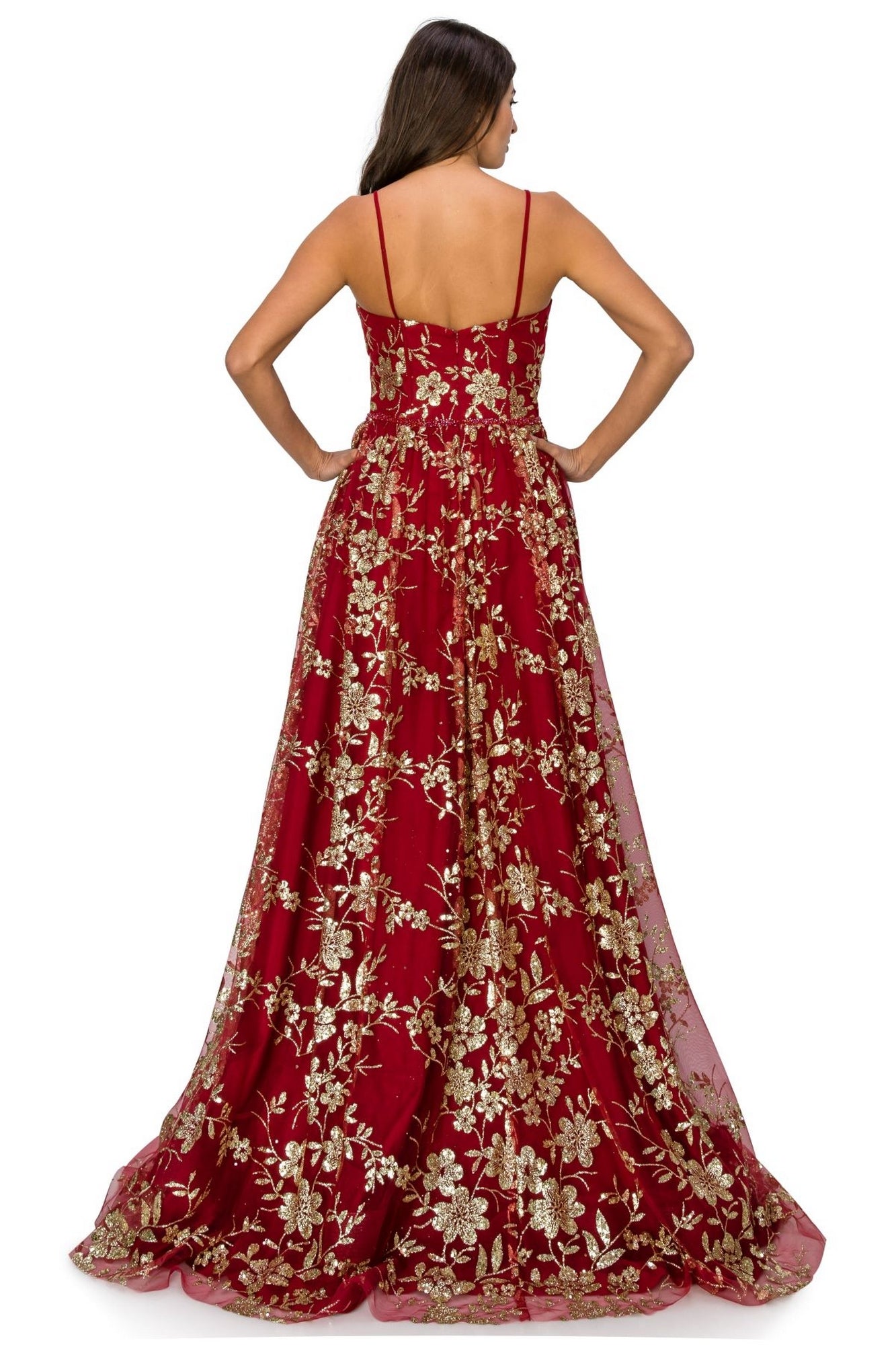 Strapless Glitter-Floral Long Prom Dress