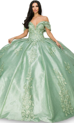Woman wearing the Quinceanera Ball Gown 8045J, a light green off-the-shoulder dress with 3D floral and glitter lace embroidery on a voluminous skirt, posing against a white background.