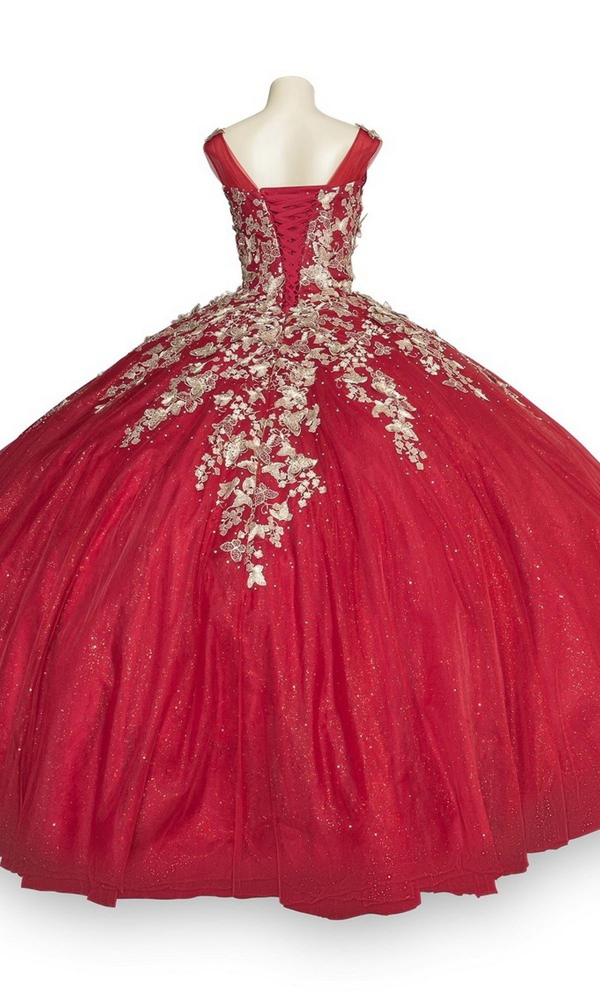 The Quinceanera Ball Gown 8046J features a red glitter tulle full skirt, silver floral and metallic embroidery, lace-up back, and 3D butterfly details, elegantly showcased on a mannequin.