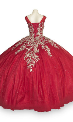 The Quinceanera Ball Gown 8046J features a red glitter tulle full skirt, silver floral and metallic embroidery, lace-up back, and 3D butterfly details, elegantly showcased on a mannequin.