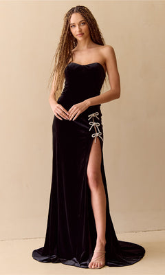 Strapless Long Velvet Prom Dress with Beaded Bows Royal Blue / 10