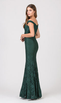 A woman stands sideways, looking over her shoulder, wearing the Eureka 8050 long prom dress—an off-the-shoulder, floor-length dark green lace gown—set against a simple light background.