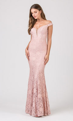 A woman models the Eureka 8050 Long Prom Dress in dusty pink, an off-the-shoulder lace gown with delicate details and floor-length elegance, set against a simple light background.