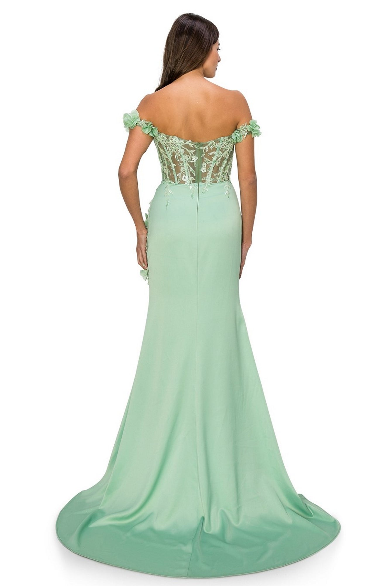 A woman is shown from the back wearing the Off-the-Shoulder Floral Embroidered Prom Dress 8050J in light green, which features a sheer, floral-embroidered bodice and a long, flowing train.