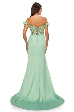 A woman is shown from the back wearing the Off-the-Shoulder Floral Embroidered Prom Dress 8050J in light green, which features a sheer, floral-embroidered bodice and a long, flowing train.