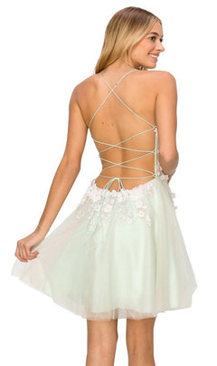 blue dress for baby girl Sheer-Waist Backless Floral Homecoming Dress -PromGirl Sage / Small