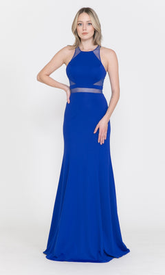 A woman models the Illusion-Cut-Out High-Neck Long Prom Dress 8054 in royal, featuring mesh waist and neckline panels, against a plain white background.