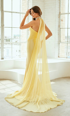 Woman modeling the back of a yellow evening gown with a choker style cape, standing in front of large windows.