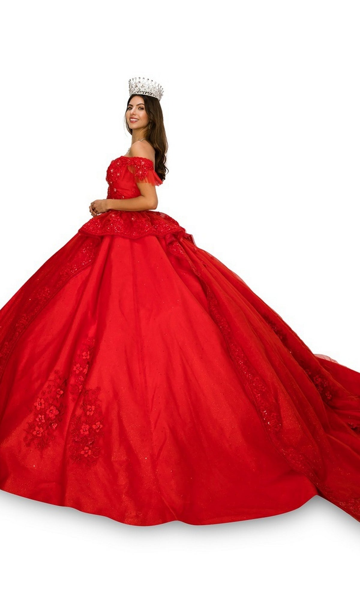 Woman in the Quinceanera Dress 8055J by Cinderella Couture, a large off-the-shoulder ball gown with floral lace embroidery and a tiara, standing against a plain white background.