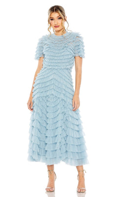 A woman wears the Midi Wedding Guest Dress 8055 by Mac Duggal—a light blue, short-sleeved, tiered ruffle midi dress with ankle-strap heels—making it a perfect pastel option for wedding guests.