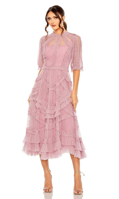 A woman wearing the Mac Duggal 8058 Ruffled Midi Wedding-Guest Dress with sheer sleeves and strappy heels stands against a white background.